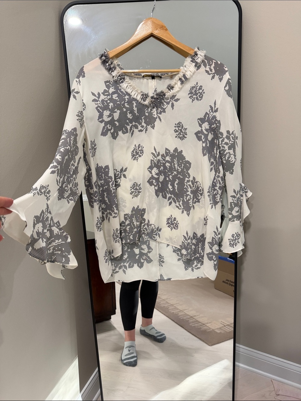 Kobi Halperin White Blouse with Gray Floral Print and Bell Sleeves